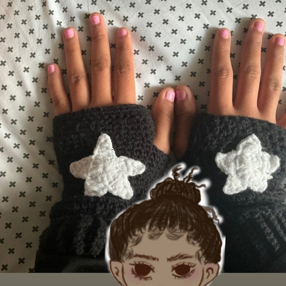 Black Knit Fingerless Gloves with White Stars